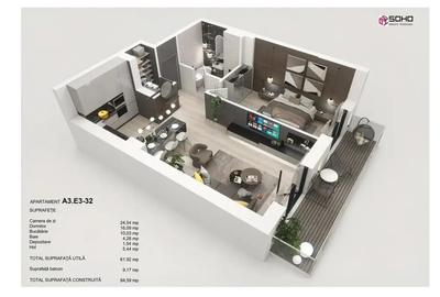 Apartament 2 camere, avans 15%, balcon 2 iesiri - 1