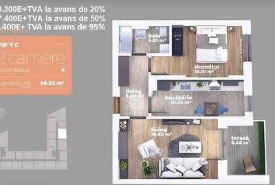 Auchan Titan-2 camere, 58.93 mp, dec, bucatarie inchisa! - 2