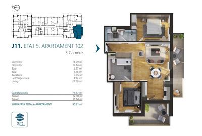 Apartament cu 3 camere, 72 mp, Ansamblu Rezidential, zona RIVUS - 2
