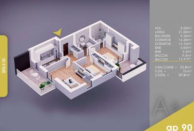 FINALIZAT | metrou | 3 cam, 2 terase, 98 mp, etaj 8/11, an 2025, loc parcare - 19