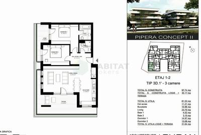 Apartament 3 camere | 81.53 mp utili + terasă 35 mp  PIPERA CONCEPT II - 3