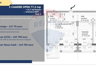 Apartament 3 camere open-space de vanzare - 77,3 mp + 21,7 mp balcon - 2
