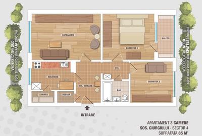 APARTAMENT 3 CAMERE,  Confort I ,  Decomandat - Sos. Giurgiului - 2