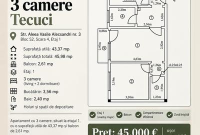 Apartament cu 3 camere semidecomandat în Central