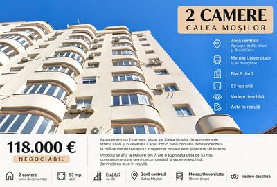 Apartament cu 2 camere semidecomandat în Moșilor