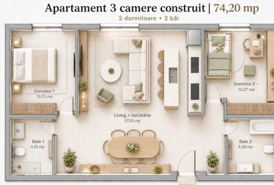 Apartament cu 3 camere decomandat în Cetății