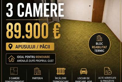 Apartament cu 3 camere semidecomandat în Lujerului