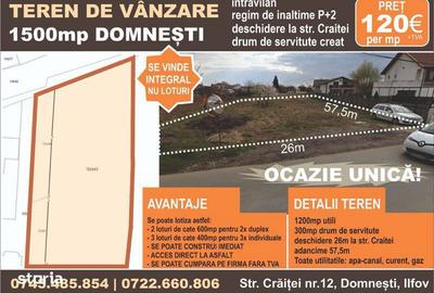 Teren de 1500 mp, în Domnești