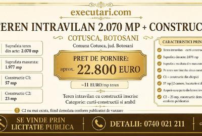 Casă individuală cu 2 camere cu Teren 2070 Mp în Coțușca