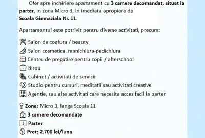 Apartament cu 3 camere decomandat în Micro 3