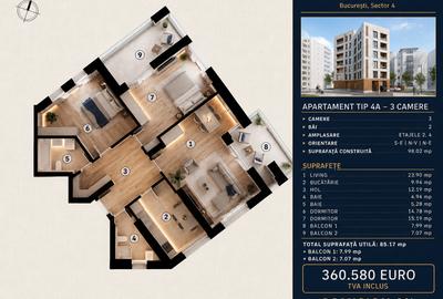 Apartament cu 3 camere decomandat în Tineretului