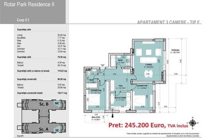 Apartament cu 3 camere decomandat în Roșu