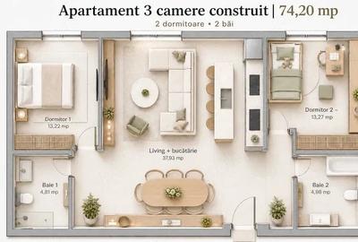 Apartament cu 3 camere decomandat în Cetății