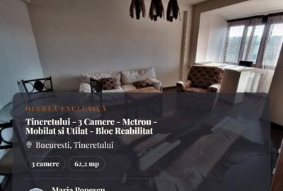Apartament cu 3 camere semidecomandat, mobilat în Tineretului