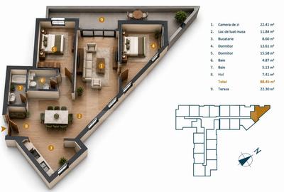 Apartament cu 3 camere semidecomandat în Între Lacuri