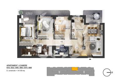 Apartament cu 4 camere semidecomandat în Nord