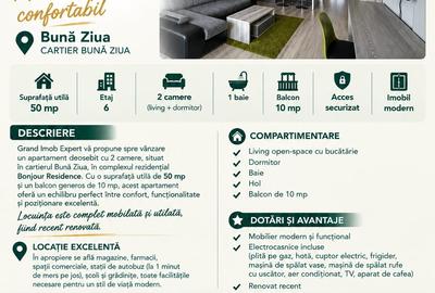 Apartament cu 2 camere semidecomandat, mobilat în Bună Ziua