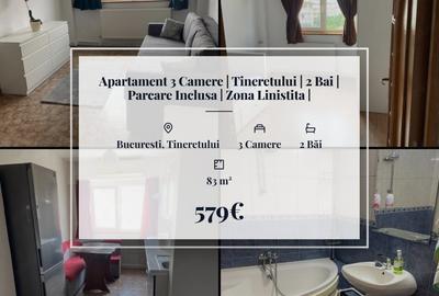 Apartament cu 3 camere semidecomandat, mobilat în Tineretului