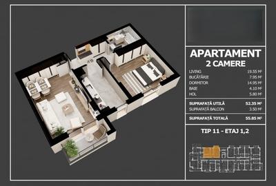 Apartament cu 2 camere decomandat în Popești-Leordeni