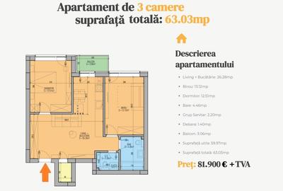Apartament cu 3 camere semidecomandat în Olteniței