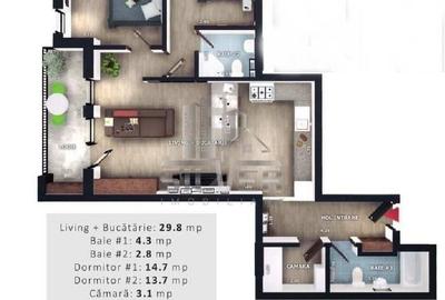 Apartament cu 3 camere semidecomandat în Florești - 2