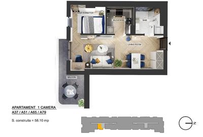 Zona de Nord, apartament 1 camera 49.38 mp utili