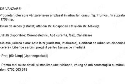 Teren de 1708 mp, în Central