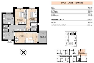 Apartament cu 3 camere decomandat în Nord