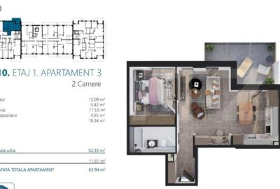 Ap. 2 camere[52 mp] Ansamblu Rezidential_zona RIVUS - 2