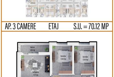Vanzare Apartament 3 camere | 70,12 mp utili-decomandat-2 băi etaj intermediar - 2