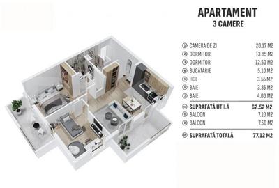 Apartament de 3 camere finisat, 62mp utili, cartier reziden? - 1