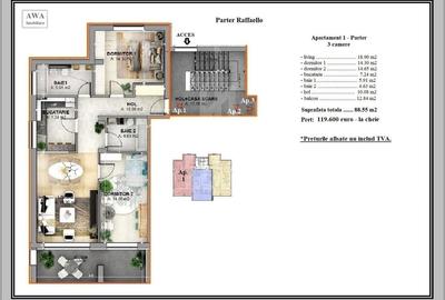 Apartament 3 camere, 88,55 mp utili - Etaj 2, Vilă - 119.600 EURO - 2