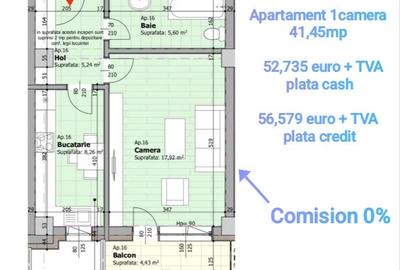 Apartament 1 camera, 41,5 mp, decomandat, Panoramic Galata Iasi 0% comision - 2