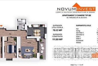 3 camere Novum 56, 78mp utili, prima linie la parc, fin. dec. 2026 - 2