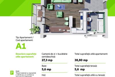 Apartamente noi, 1 camera, finisate, tip studio in complex Green Residence - 3
