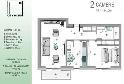 Apartament cu 2 camere decomandat în Ștefăneștii de Jos
