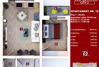 Studio 45 mp + 2 balcoane - 1
