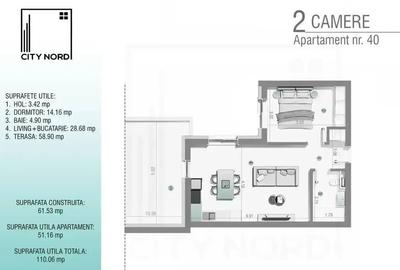 Apartament cu 2 camere semidecomandat în Tunari