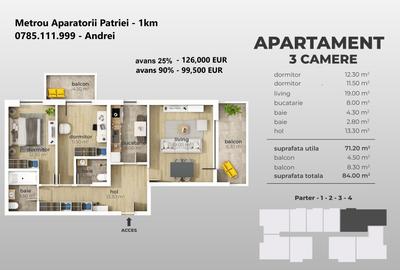 Metrou Aparatorii Patriei - 12 min - 3 camere 2 bai 84mp - 3