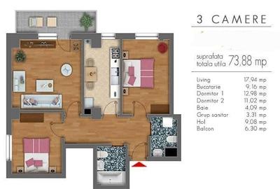 Apartament cu 3 camere în Berceni