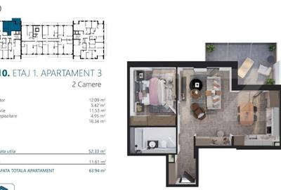 Ap. 2 camere[52 mp] Ansamblu Rezidential_zona RIVUS - 2