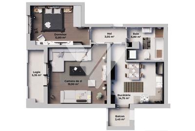 Apartament 2 camere, Decomandat, Bucatarie Separata - Etaj 1 - 3