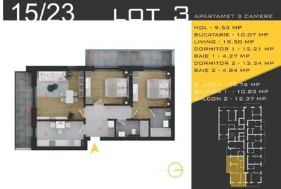 NOU! Apartament 3 camere - etaj 2 - 73,76 mp + 23,20 mp balcon - 2
