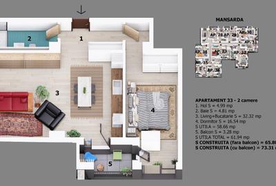 Apartament cu 2 camere decomandat în Central