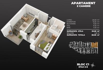 2 camere decomandat 58.90 mpu - Metrou 3 minute - Bloc nou 2026 - 2
