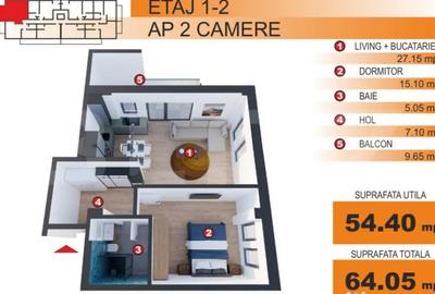 Apartament cu 2 camere în George Enescu - 1