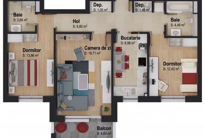 Apartament cu 3 camere decomandat în Tractorul - 12