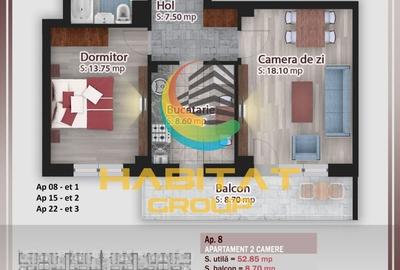 Pallady-2 Camere, decomandat, 61.55 mp, bucatarie inchisa. - 3