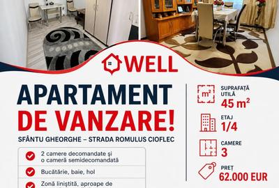 Apartament cu 3 camere semidecomandat în Central