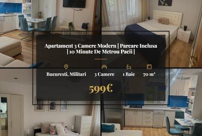 Apartament cu 3 camere semidecomandat, mobilat în Militari